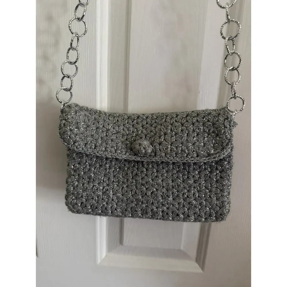 Piti Purse Handmade in Italy Silver Metallic Crochet Chain VTG Shoulder Bag